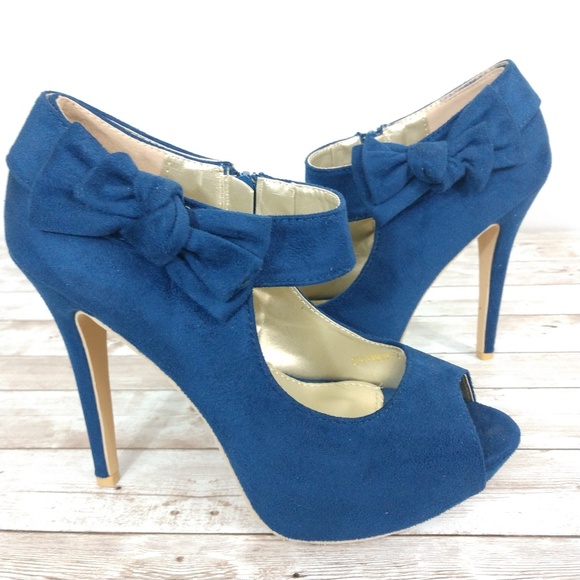 Olho Shoes - Olho Blue Faux Suede Platform Ankle Strap Heels